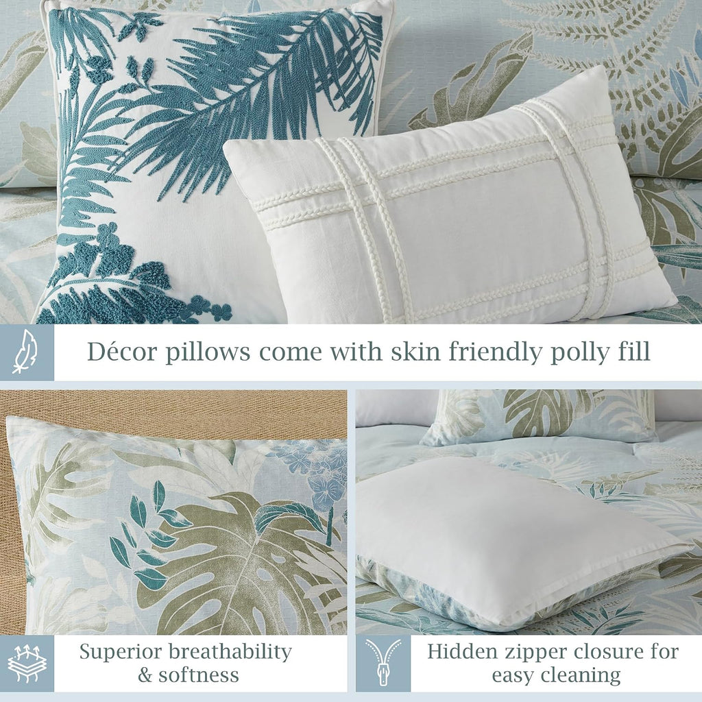 Harbor House Queen Comforter Set, Tropical Palm Print, Soft Cotton Oversized Comforter for a Queen-Size Bed, Coastal Bedding, 2 Shams, Bedskirt, 2 Décor Pillows, Kiawah Island, Queen Blue