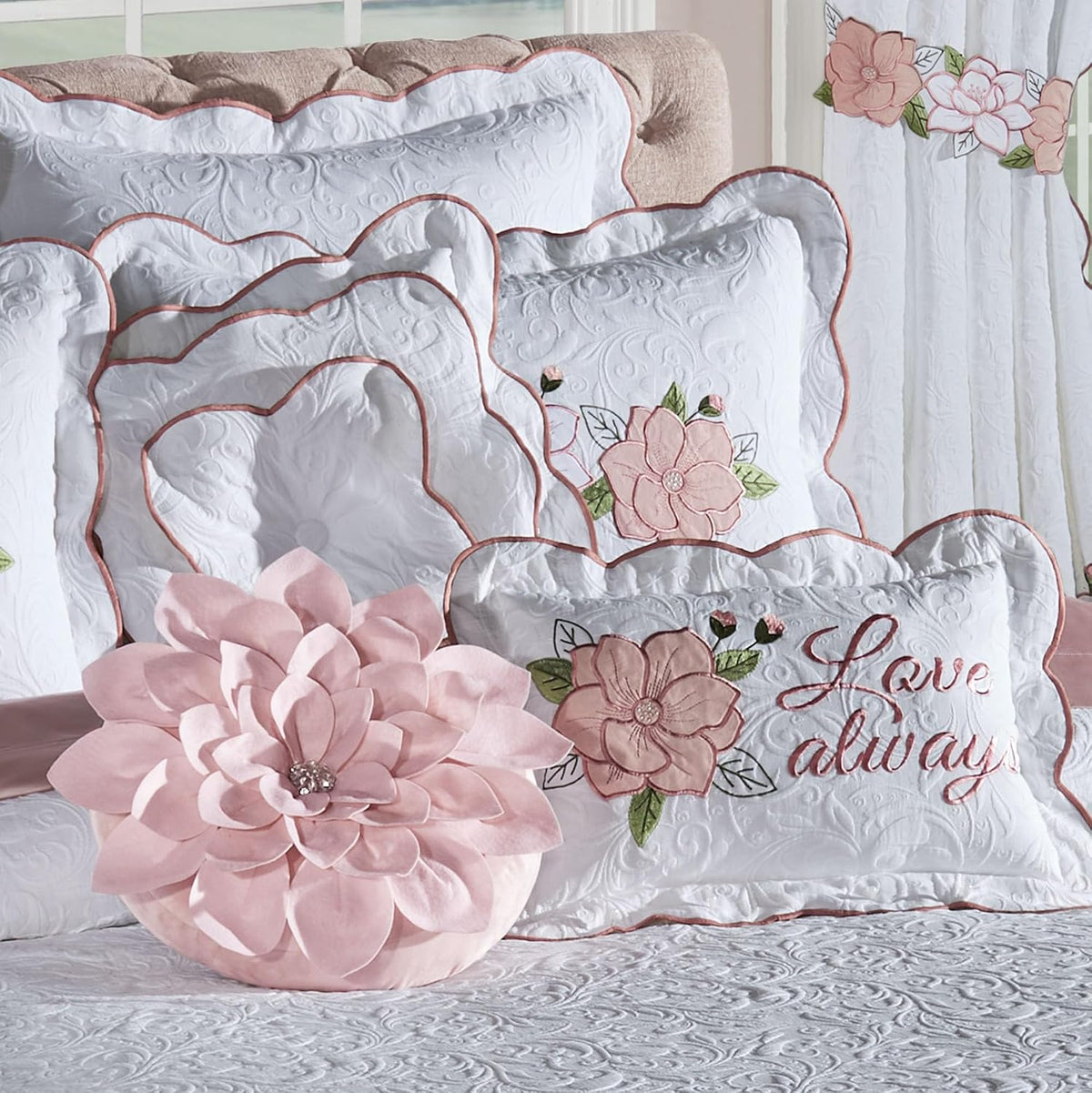 Lovington Floral Luxury Matelasse Bedding | Pink and White Velvet Flower Appliques | 11-Pc Bed Set: Oversized King Coverlet, Bedskirt, 2 King Shams, 2 Euro Shams, 2 Euro Inserts, & 3 Accent Pillows