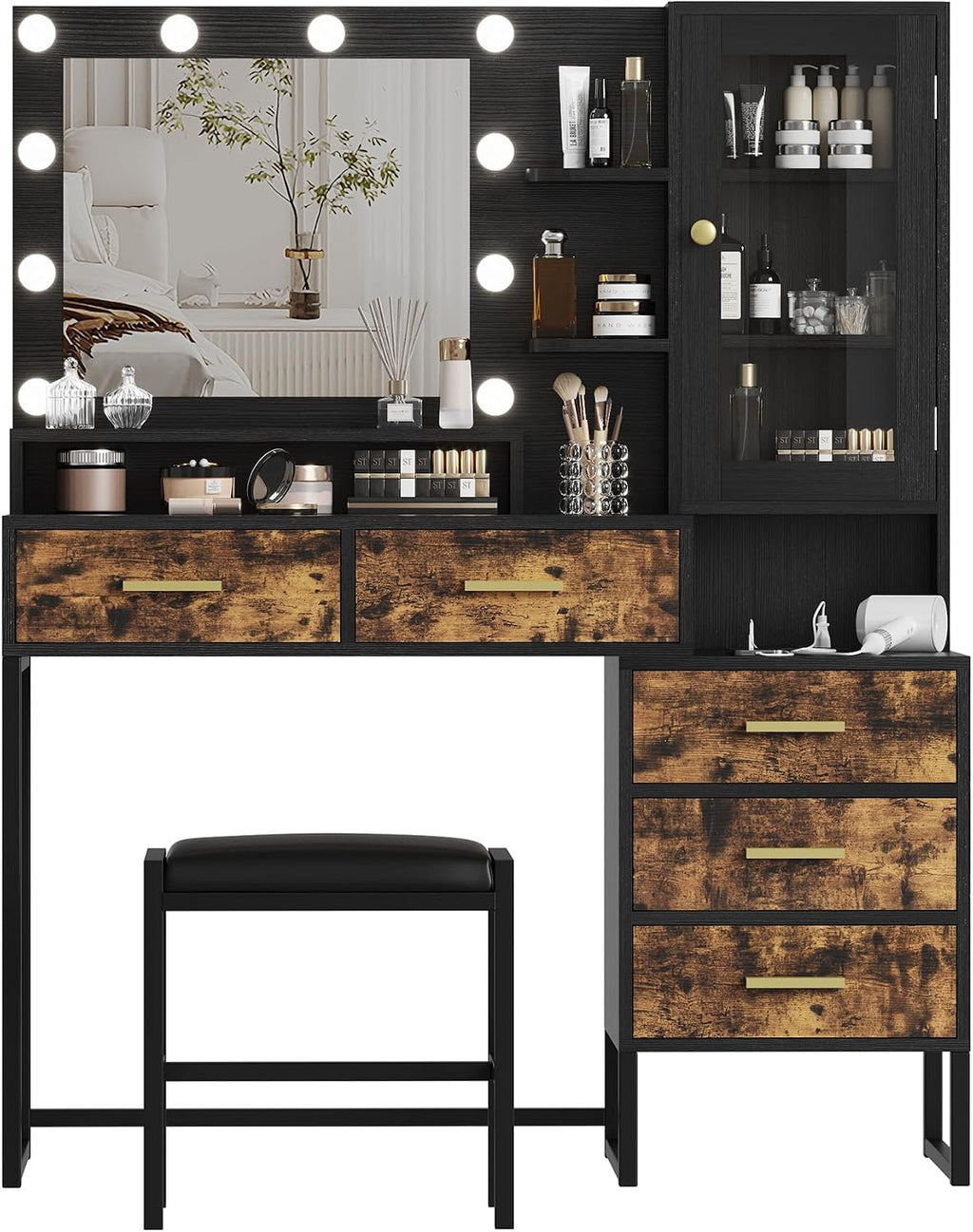 Vanity Desk with Mirror, Makeup Desk Set with 3 Color Lights and Chair, Modern Vanity Table with Drawers and Shevles, Dressing Table with Charging Station for Bedroom, Black