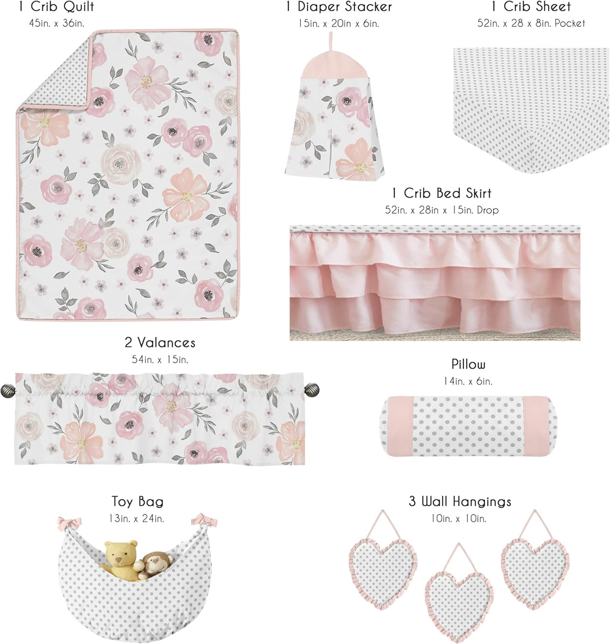 Sweet Jojo Designs 11-Piece Baby Crib Bedding Set (Pink/Grey Boho Floral) for Girls, Infants/Nursery incl. Blanket, Fitted Sheet, Skirt, Diaper Stacker, Valances, Wall Hangings, Toy Bag, Pillow (Rose)