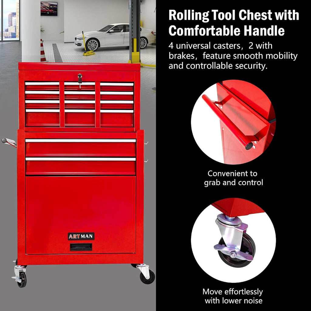 8-Drawer Tool Chest,Rolling Tool Box with Detachable Top Toolbox & Key Lock,Tool Cabinet with Universal Lockable Wheels,Lock Bar,Protective Liner,Metal Storage Cart for Garage,Workshop (Red)