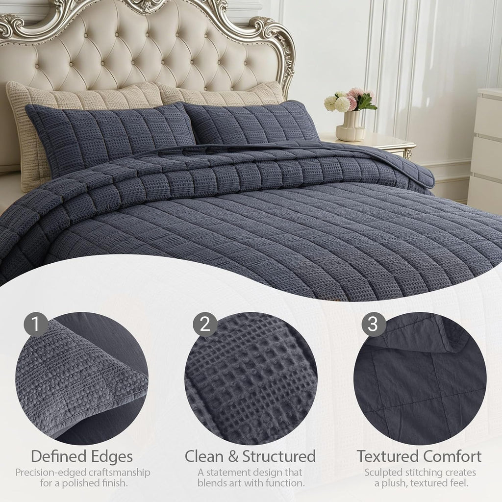120x128 Cotton Quilt Bedding Set Oversized King Size Quilted Bedspread Sets with 2 Shams,3 Pieces Lightweight Soft Bedding Sets for All Season,Gray Blue