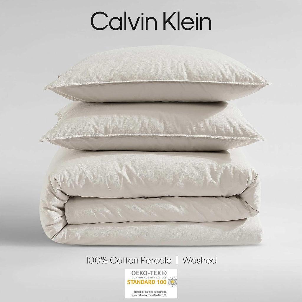 Calvin Klein - Queen Comforter Set, Modern Cotton Washed Percale Bedding with Matching Shams, Oeko-Tex Certified (Washed Percale Light Beige, Queen)