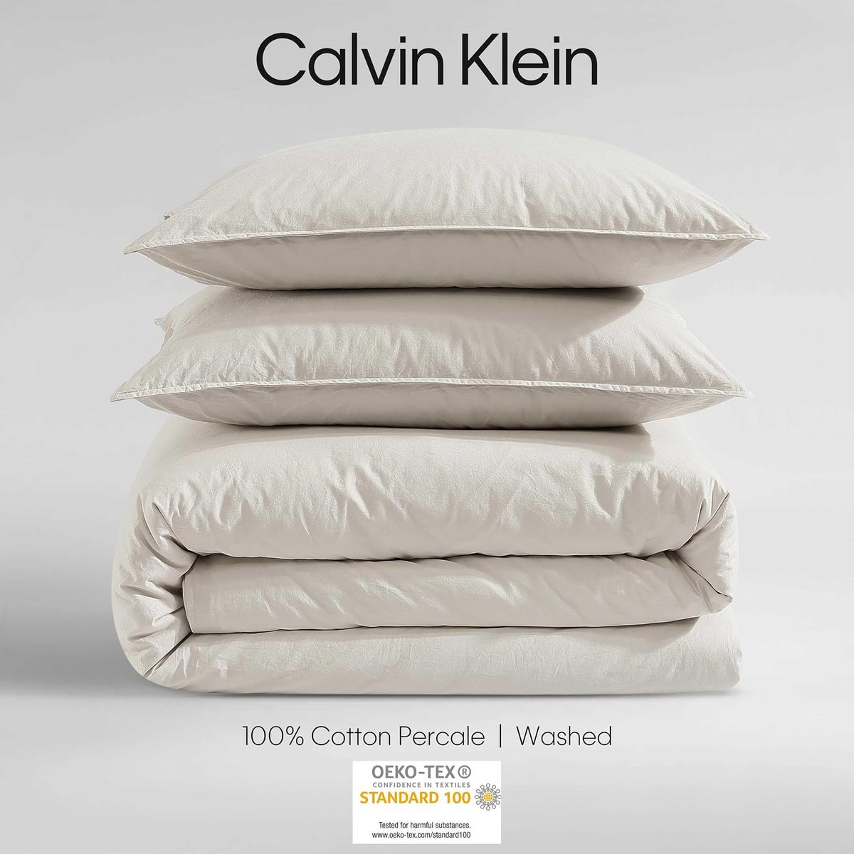 Calvin Klein - Queen Comforter Set, Modern Cotton Washed Percale Bedding with Matching Shams, Oeko-Tex Certified (Washed Percale Light Beige, Queen)