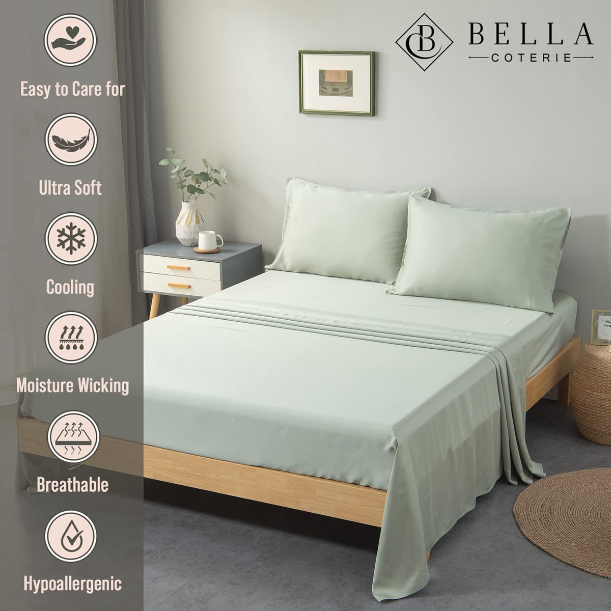 Bella Coterie Luxury Bamboo Viscose King Size Sheet Set | 100% Organically Grown | Ultra Soft | Cooling for Hot Sleepers | 18' Deep Pocket [Sea Glass]