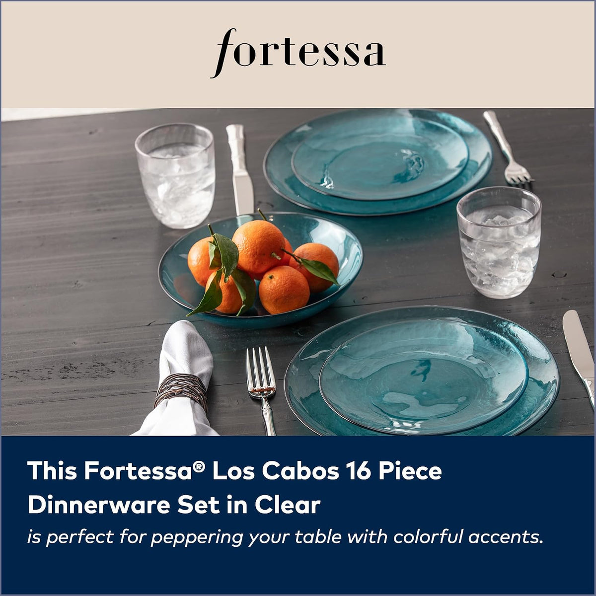 FORTESSA Los Cabos Tableware, 16-Piece Glass Dinnerware Set with 4 Dinner Plates, 4 Salad Plates, 4 Coupe Bowls and 4 Cereal Bowls, Dishwasher-Safe Glass Plate Set, Clear