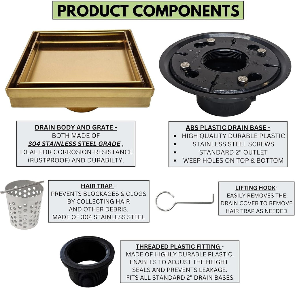 SereneDrains 304 Stainless Steel Tile in Square Brushed Gold Shower Drain Kit with A Base Hair Catcher Strainer Grate Brass Cover Bathroom Floor Insert (Matte Gold, ABS Plastic)