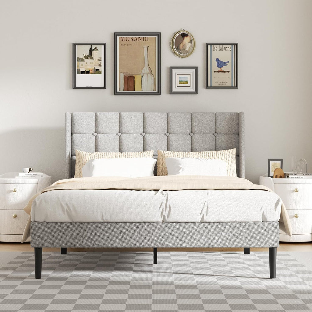 Full Size Bed Frame with Wingback Headboard, Velvet Upholstered Platform Bed Frame with Button Tufted Headboard, Wooden Slats Support, No Box Spring Needed, Easy Assembly, Light Grey