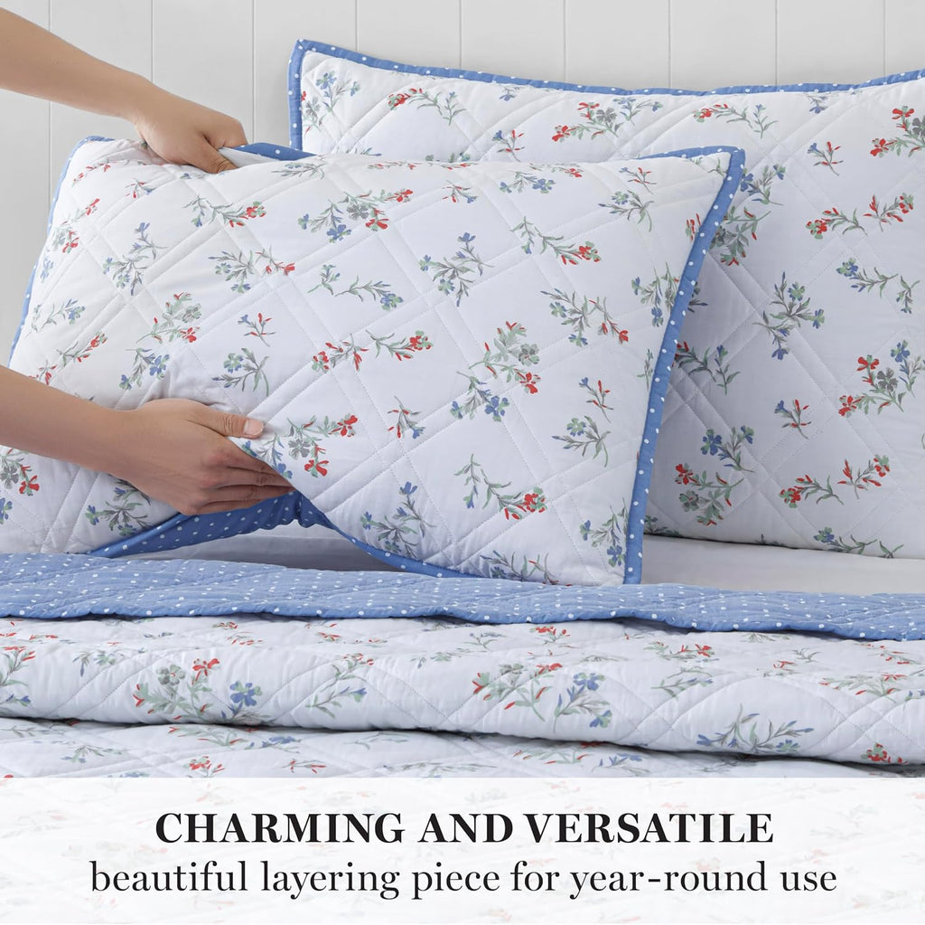 Martha Stewart 100% Cotton 3 Piece Reversible Quilt Set, Washed, Percale, Light Blue/White, 1 Quilt, 2 King Shams, Soft and Breathable, Lightweight, Ditsy Floral Printed Bedspread, King Size