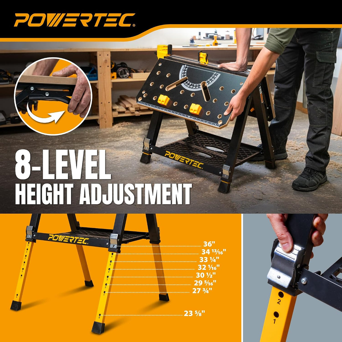 POWERTEC 2-in-1 Folding Work Table & Sawhorse – 1000 lb Capacity Portable Workbench with 8-Level Height Adjustment, Clamps, Bench Dogs & Expandable Support Platform (UT1015)
