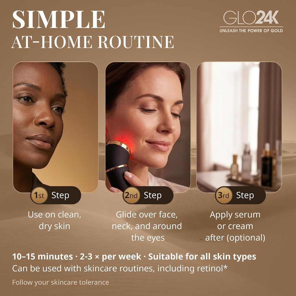 GLO24K Red Light Beauty Device for Face & Neck – 3-in-1 Facial and Neck Massager with Triple LED & Advanced Vibration Technology