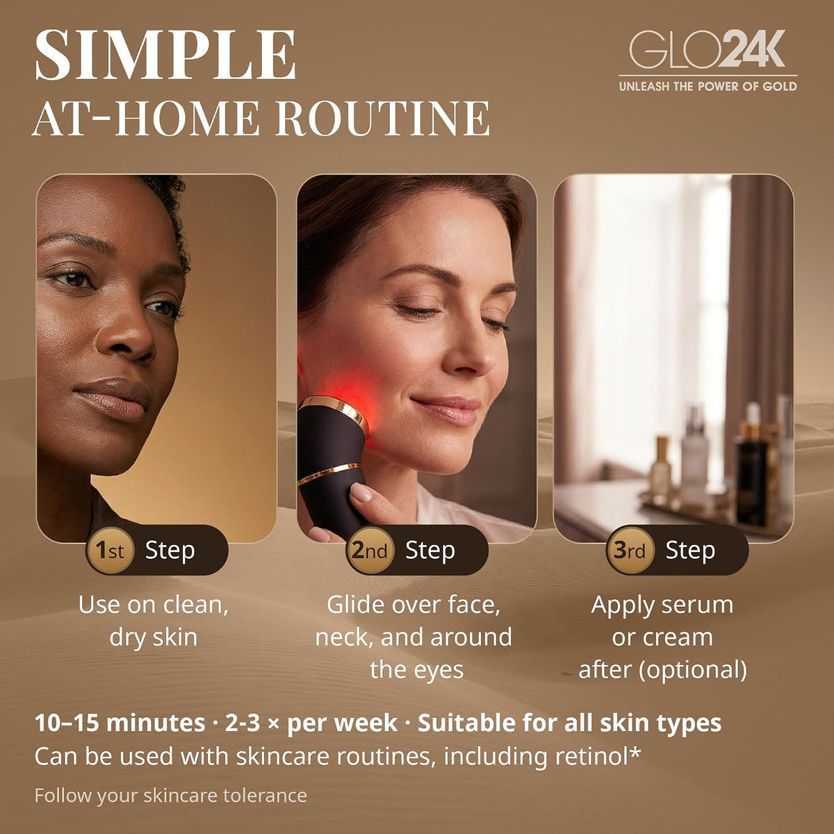 GLO24K Red Light Beauty Device for Face & Neck – 3-in-1 Facial and Neck Massager with Triple LED & Advanced Vibration Technology
