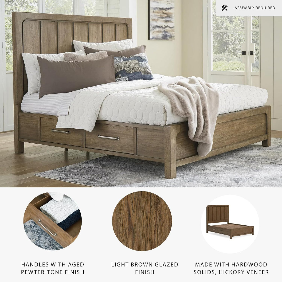 Signature Design by Ashley Cabalynn Modern 4-Drawer Queen Platform Bed with Storage, Foundation or Box Spring Not Needed, Light Brown