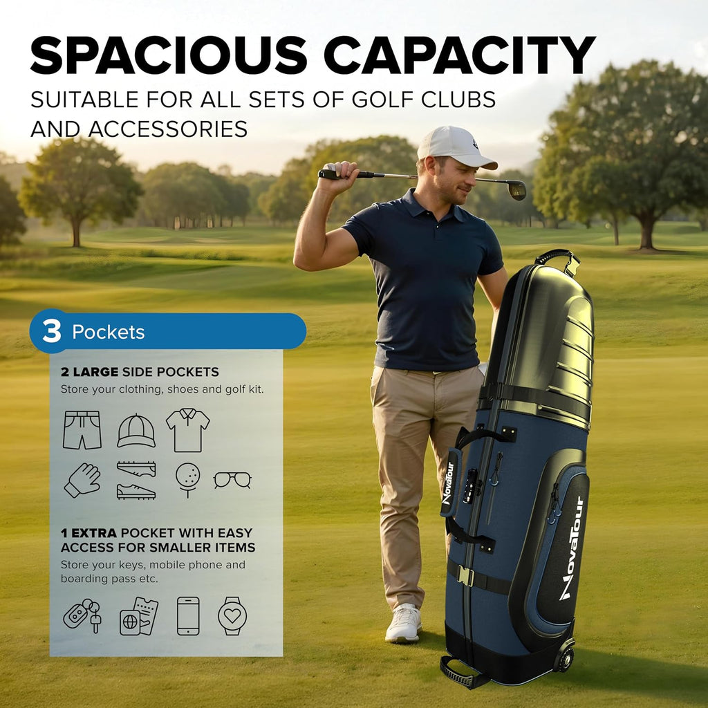Golf Travel Bag for Airlines: Hard Case Top, Waterproof Zippers, 1680D Oxford Fabric, Built-in TSA Lock, Oversized Tank Wheels, Lightweight – Maximum Club Protection