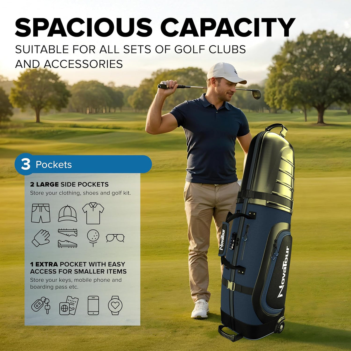 Golf Travel Bag for Airlines: Hard Case Top, Waterproof Zippers, 1680D Oxford Fabric, Built-in TSA Lock, Oversized Tank Wheels, Lightweight – Maximum Club Protection