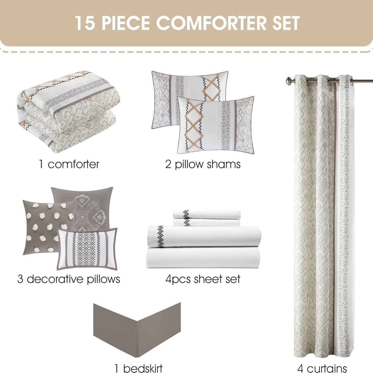 Grand Avenue Taupe Comforter Set California King Size, 15 Piece Terry Embroidery All Season Room-in-A-Bag, Matching Curtains, Sheet Set, Pillows & Shams