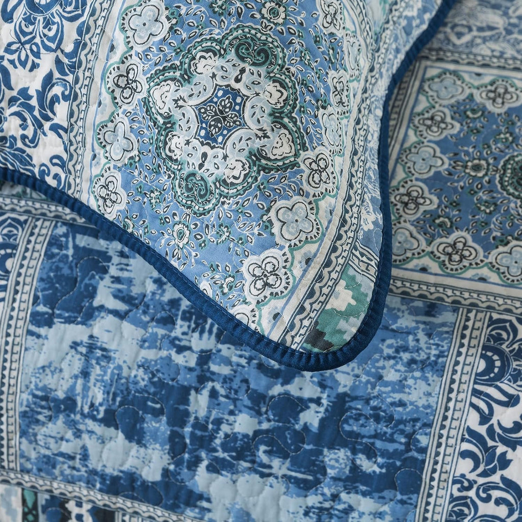 NEWLAKE Cotton Bedspread Quilt Sets-Reversible Patchwork Coverlet Set, Blue Classic Bohemian Pattern,California King Size