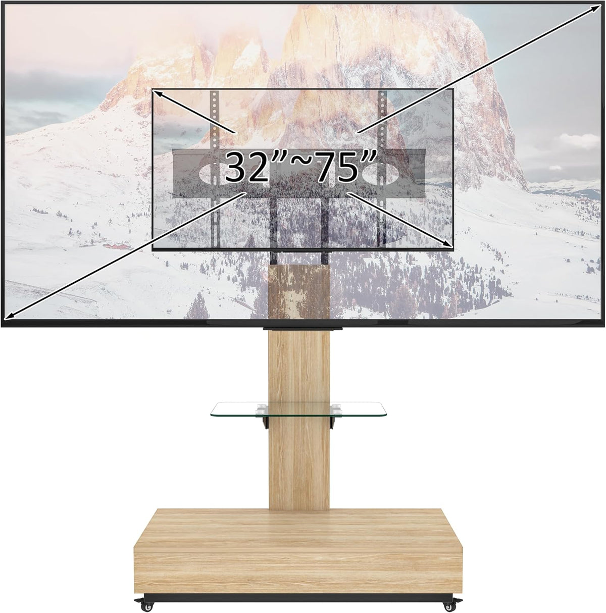 Wood and Glass TV Stand with Wheels,TV Stand with Push-Pull Drawer,Height Adjustable Mobile TV Cart for Living Room, Bedroom, Office, for 32-75 inches