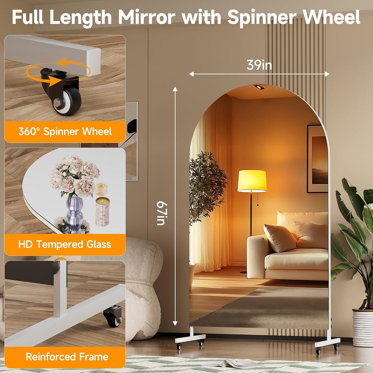 Hasipu 67' x 40' Arched Rolling Home Gym Mirror with Wheels, 360° Swivel Body Mirror with HD Tempered Glass, Large Floor Mirror for Yoga Room, Dance Studio, Bedroom & Home Gym