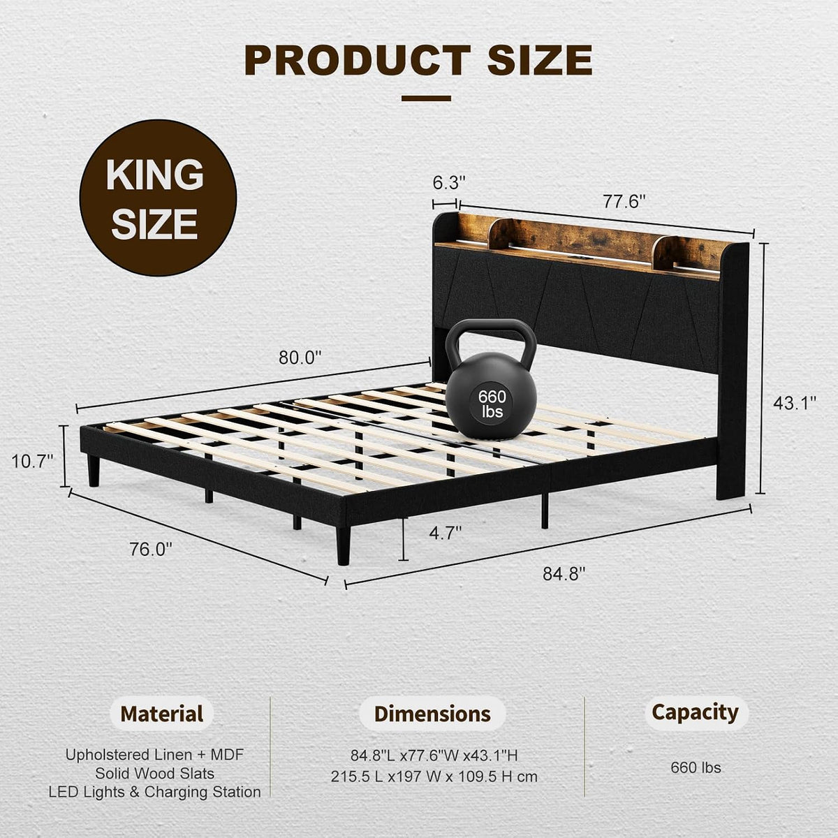 IKIFLY King Bed Frame with Charging Station & Storage Shelf, Upholstered LED Platform Bed Frame, Solid Wood Slats, No Box Spring Needed, Black