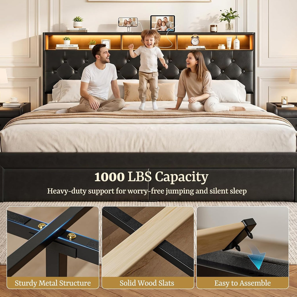 IKIFLY California King Bed Frames with 4 Drawers & Hidden Storage Headboard, Upholstered Cal King LED Platform Bed with Type-C Charging Station, No Box Spring Needed, Wood Slats, Noise Free (Black)