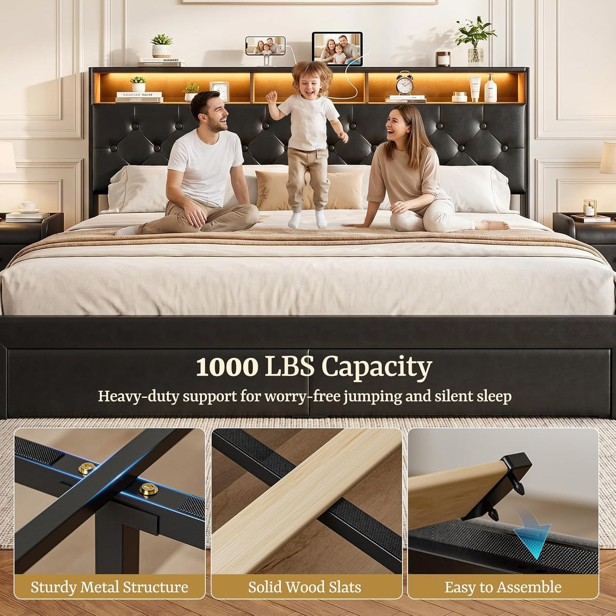IKIFLY California King Bed Frames with 4 Drawers & Hidden Storage Headboard, Upholstered Cal King LED Platform Bed with Type-C Charging Station, No Box Spring Needed, Wood Slats, Noise Free (Black)