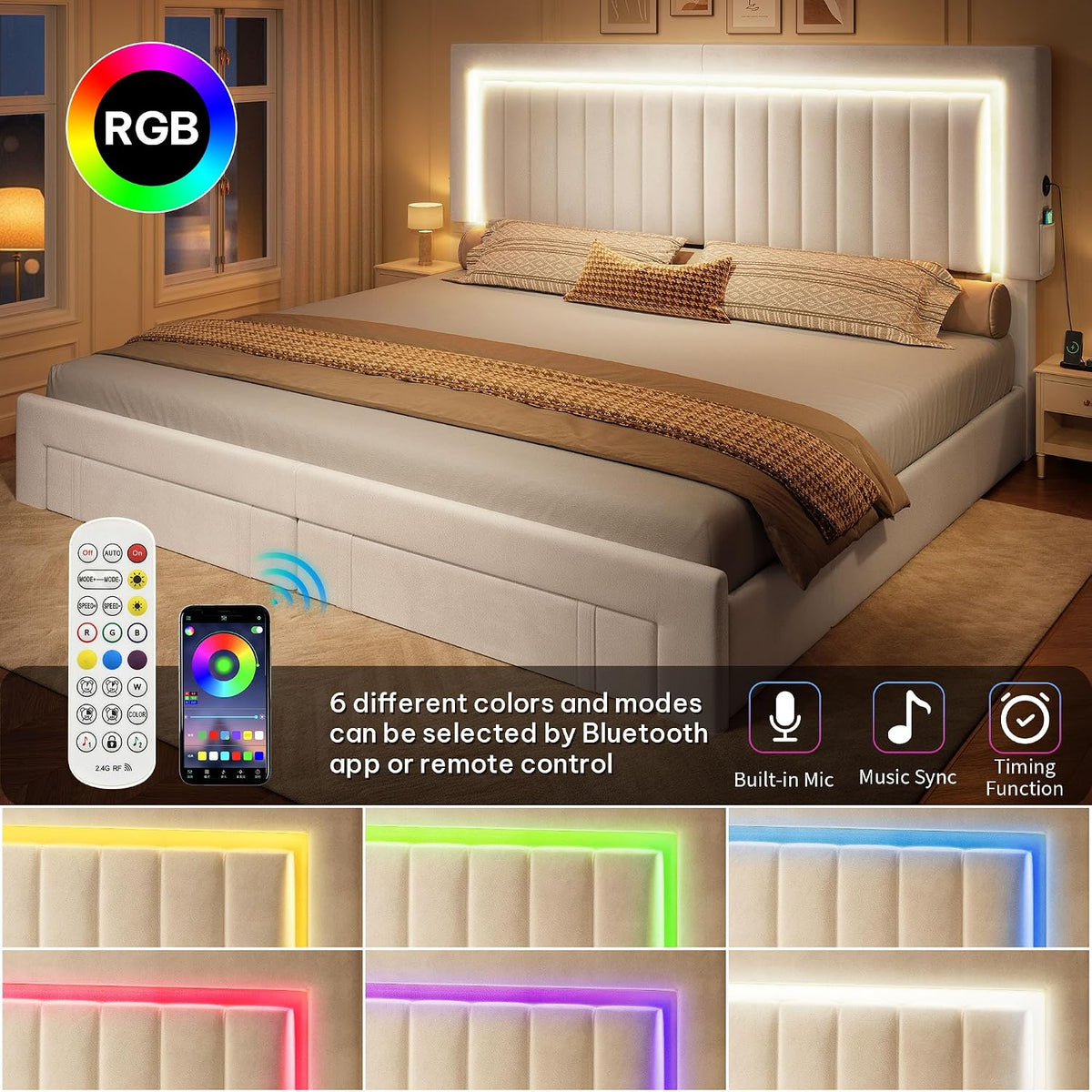 YITAHOME King Size Bed Frame with Adjustable Headboard, 4 Storage Drawers and RGB LED Lights, Velvet Upholstered Platform Bed with USB Ports, No Box Spring Needed, Fast Assembly, Noise-Free, White