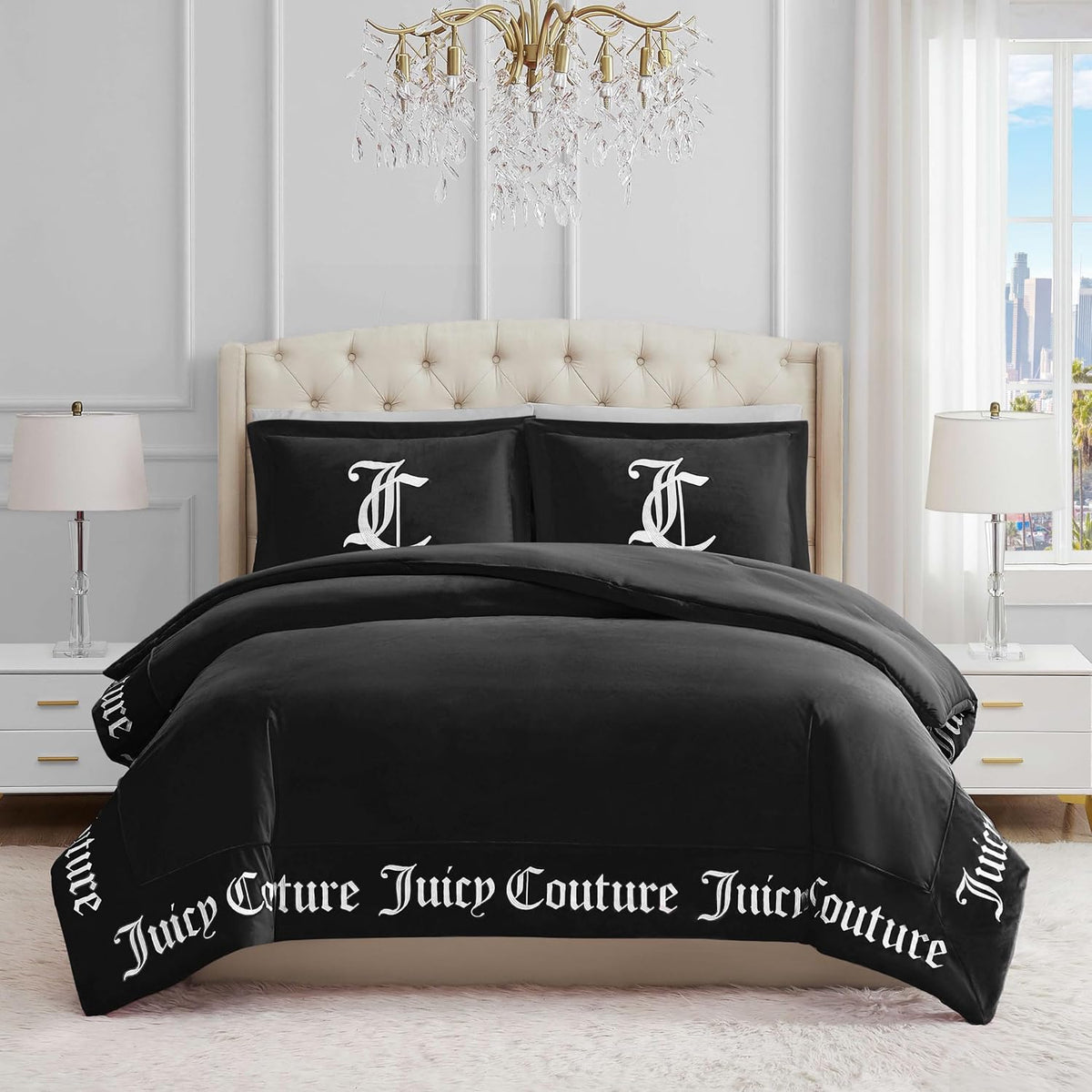 Juicy Couture - Comforter Set - Gothic Design Bedding - Twin/Twin XL - 2 Piece Set Includes (1) 90' x 68' Comforter and (1) 20' x 26' Sham - Wrinkle Resistant - Premium Bedroom Decor - Black