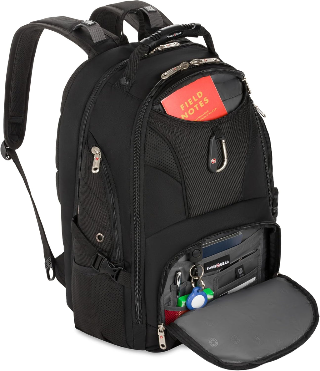 SWISSGEAR Sion 2-Piece Travel Set, Softside Expandable Carry-On Spinner Bundled with 1900 ScanSmart 17' Laptop Backpack with RFID Blocking & Tech Organization, Black