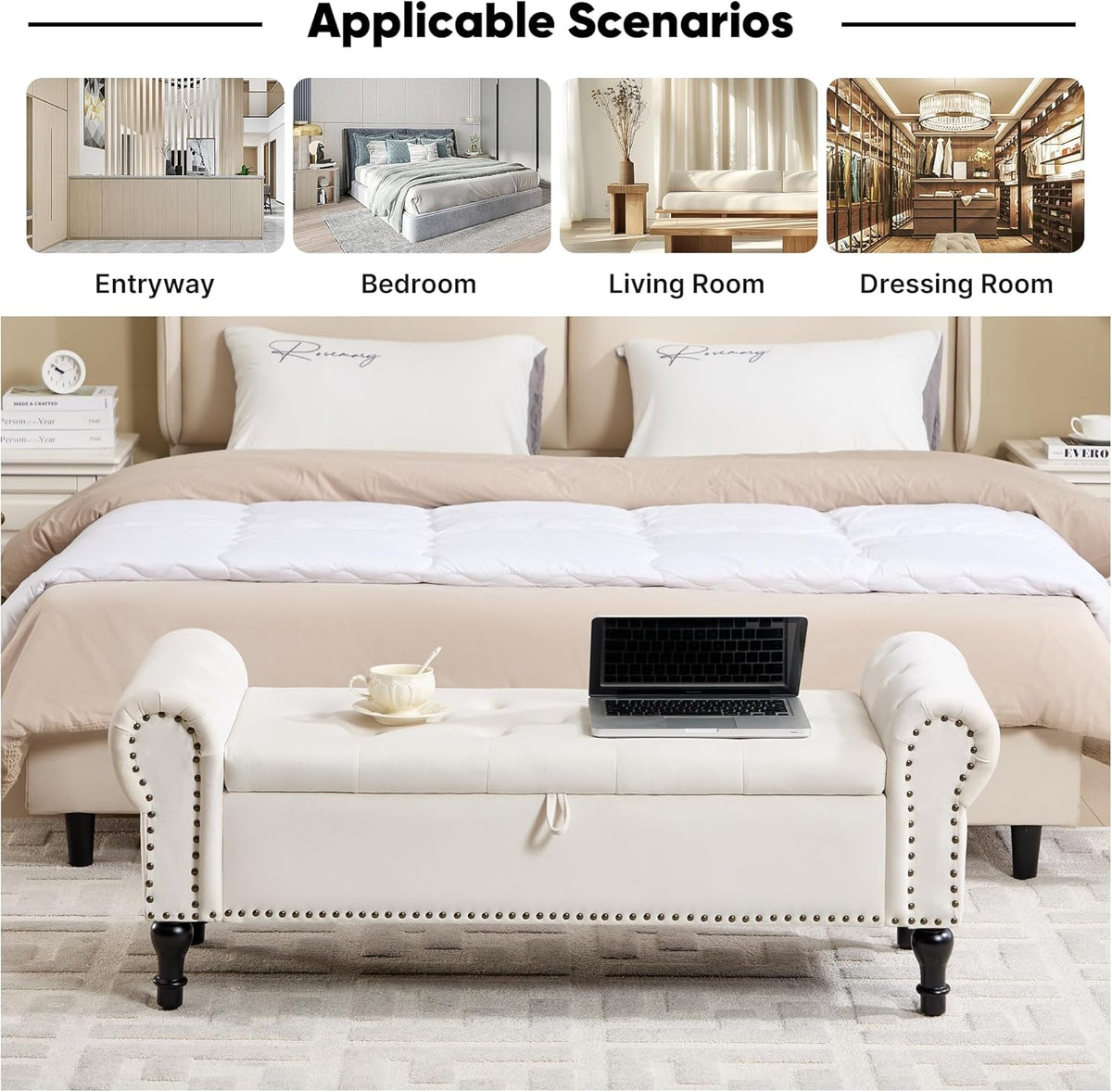 Storage Bench for Bedroom, 51' Upholstered End of Bed Bench, Velvet Queen Size Benches with Rolled Arms, Tufted Button Storage Long Ottoman, Living Room, Entryway, Beige