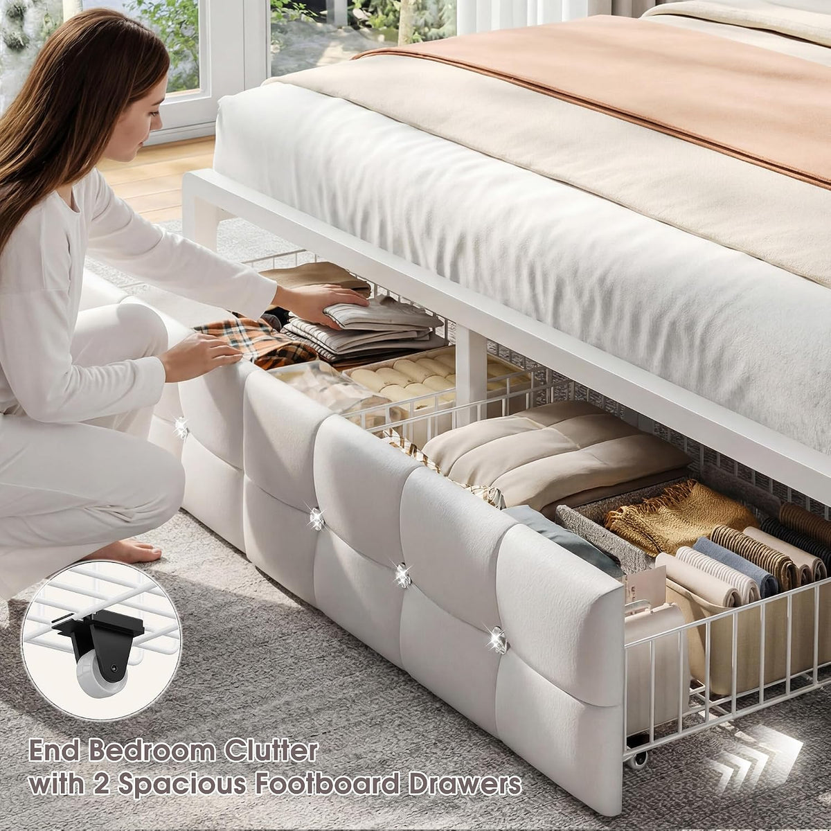 Homkdom Queen Bed Frame with 4 Drawers and Diamond-Tufted Upholstered Storage Headboard,LED Lights & Charging Station,1100 LBS Heavy Duty,No Box Spring Needed,Modern White