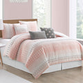 LANCO MODERN LIFESTYLE King Comforter Set, Pink, Jaquard Clip Striped Design, Elegant Soft 7 Pieces Bedding Set for All Seasons, Matching Bedskirt, Pillow Shams and Decor Pillows