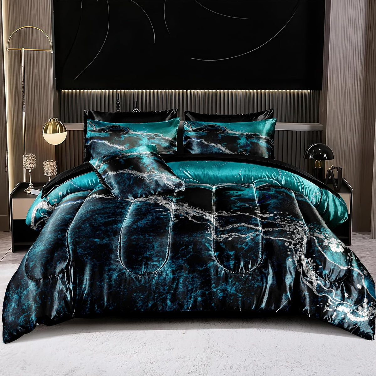 Bedorm Blue Marble Comforter Set Queen Silky Satin Bed in A Bag Black Marble Stone Abstract Texture Silk Like Black Satin Bedding Set with Comforter and Sheet Set