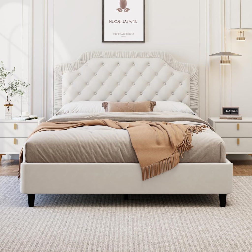 2 Pcs Bedroom Sets King Size Ruched and Button Tufted Velvet Upholstered Bed e with Storage Ottoman Bench, White