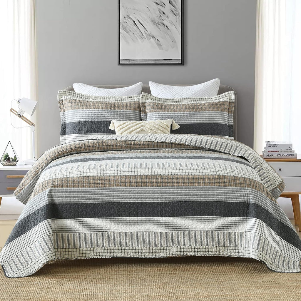 PANGUSHAN 100% Cotton Quilt Set King Size, Patchwork King Quilt Bedding Set Bedspreads, Farmhouse Lightweight Comforter Reversible Quilt, White/Brown/Grey Bed Spread for All Season, 3 Pieces