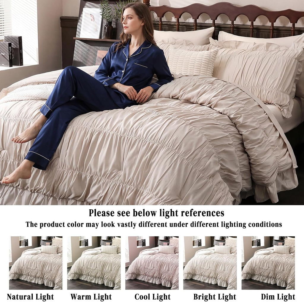 Herside Beige Comforter Set King Size,Ruched Boho Bedding 9-Piece Bed-in-a-Bag for All Seasons,Fluffy Farmhouse Ruffle Bedding Set with Comforter, Flat Sheet, Fitted Sheet, Pillow Shams, Pillowcases