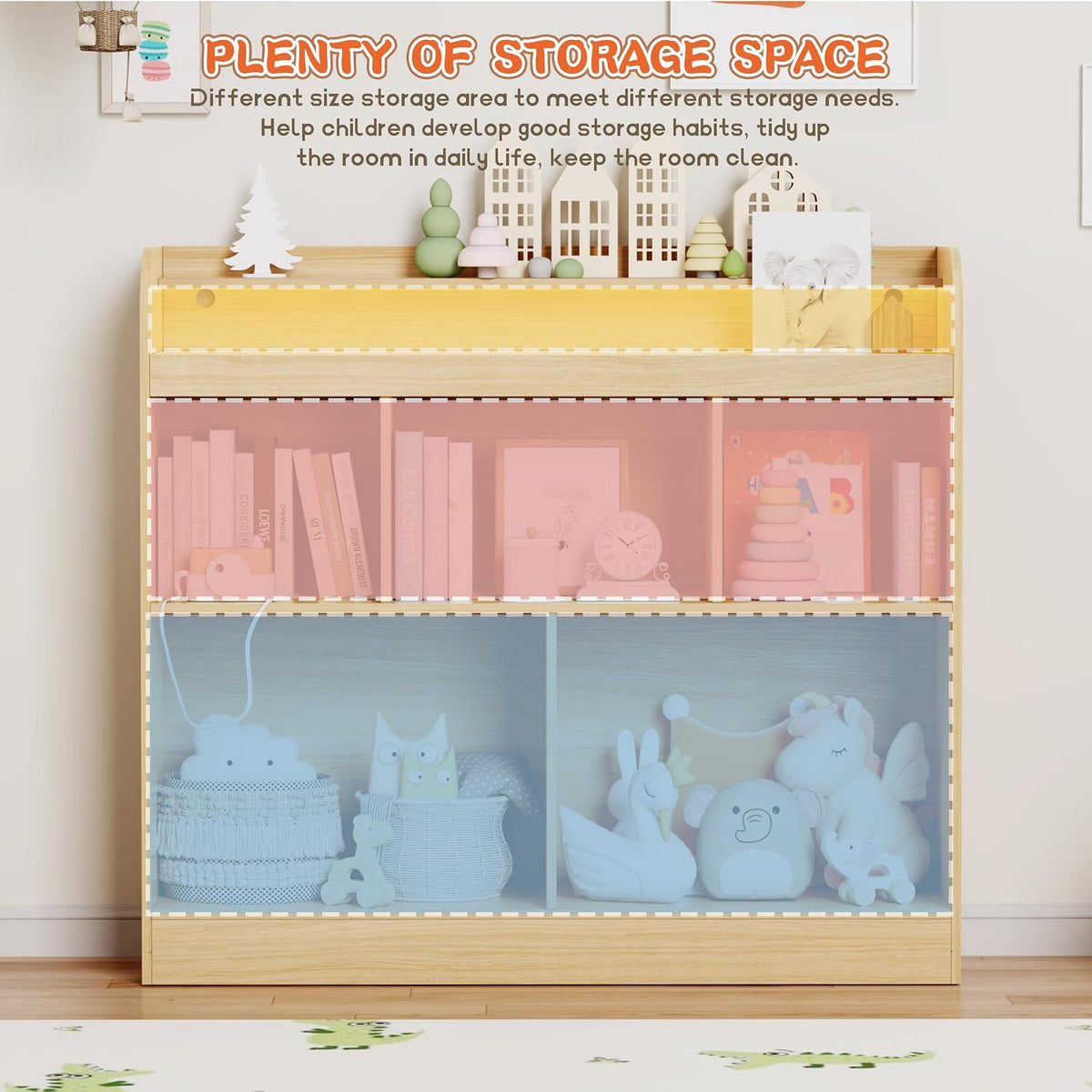 Lkeiyay Open Shelf Kids Bookcase,Montessori Toy Organizer with LED Lights - Oak Wooden Open Bookcase for Kids, Bedroom, Back to School,Playrooms & Nurseries