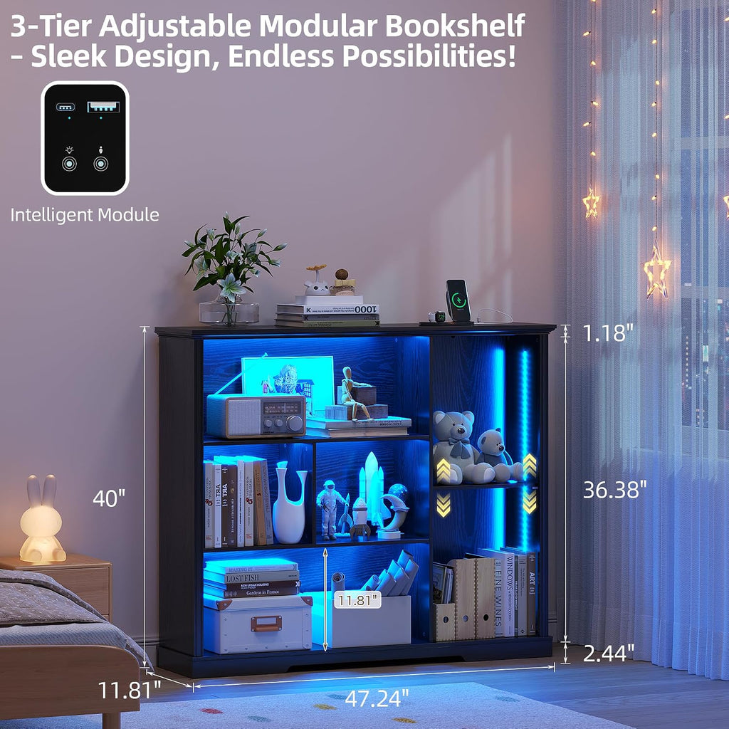 3-Tier LED Bookshelf with Lights - Motion Sensor Bookcase - USB Charging Module - Adjustable Display Shelf for Gaming Room Bedroom Living Room Home Office - 47.24 W x 40 H - Black