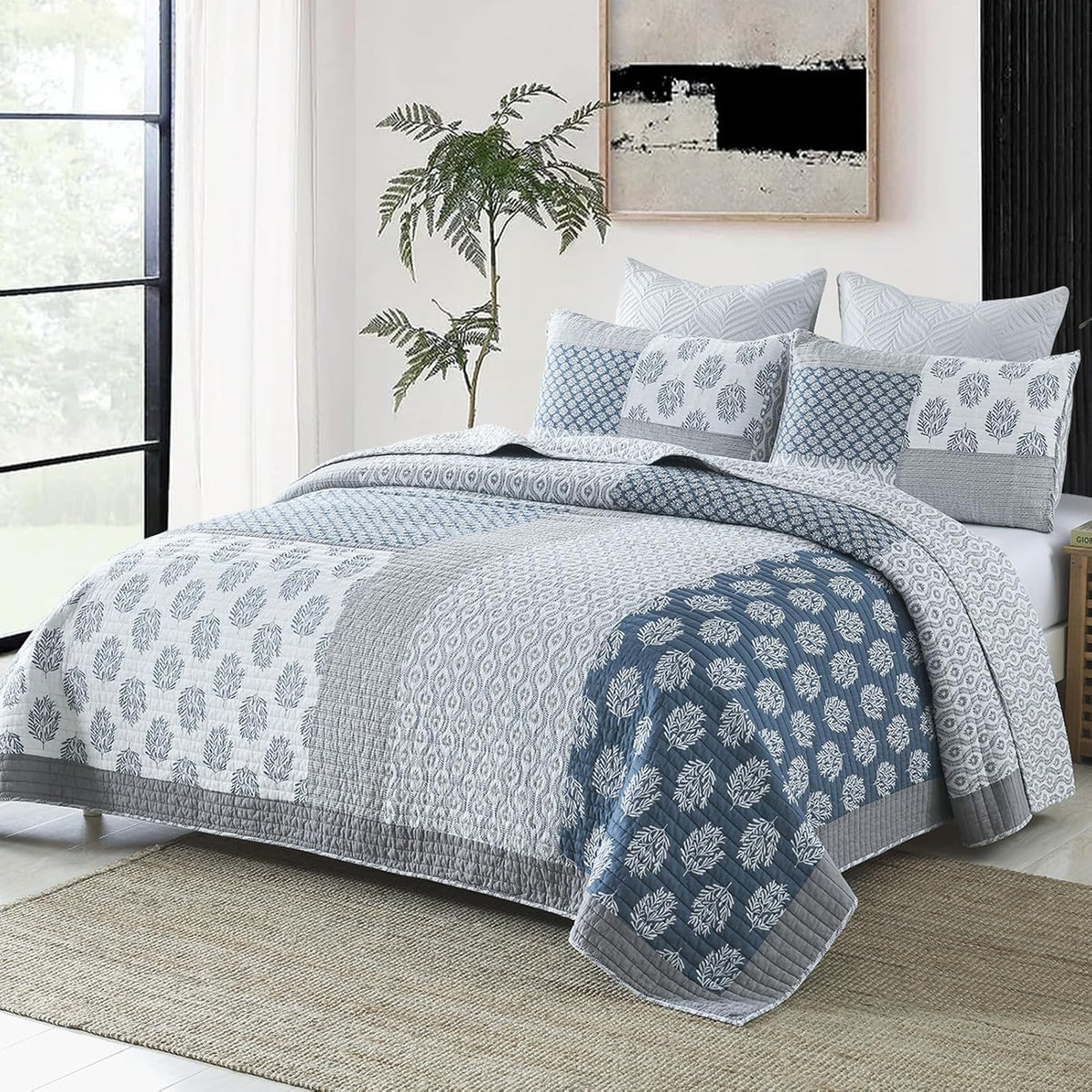PANGUSHAN Quilt Set Queen Size, 100% Cotton Bedspread Quilt Bedding Set, Patchwork Reversible Floral Quilt for Queen Bed, Blue/Grey/White Bed Spread, Lightweight Comforter for All Season, 3 Pieces