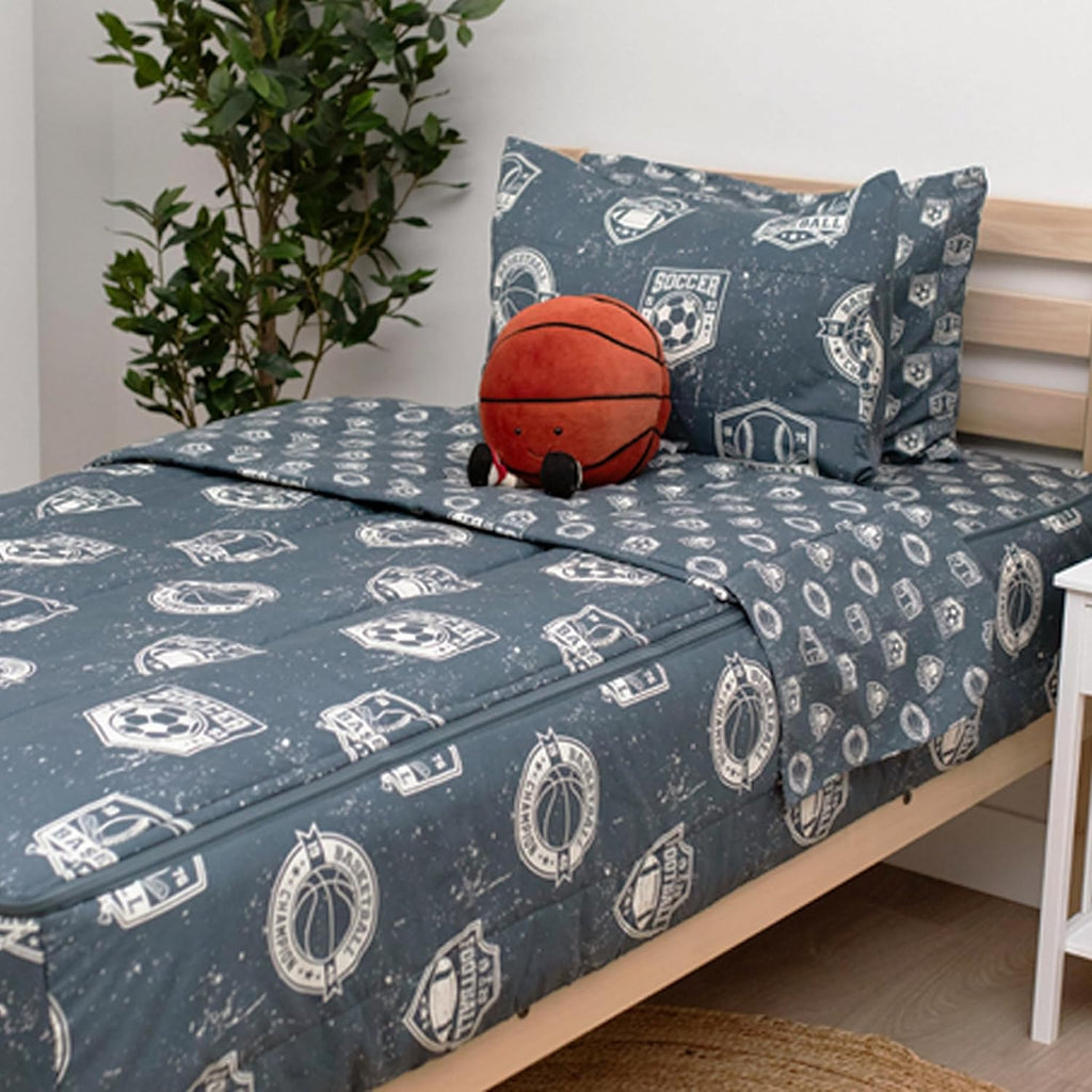 Beddy's Sports Theme Durable Zipper Bedding for Kids - Bed in a Bag - Blue Sheets with Baseball, Football, Basketball, Soccer Comforter - Includes Pillowcase & Sham - Easy to Make & Wash - Queen