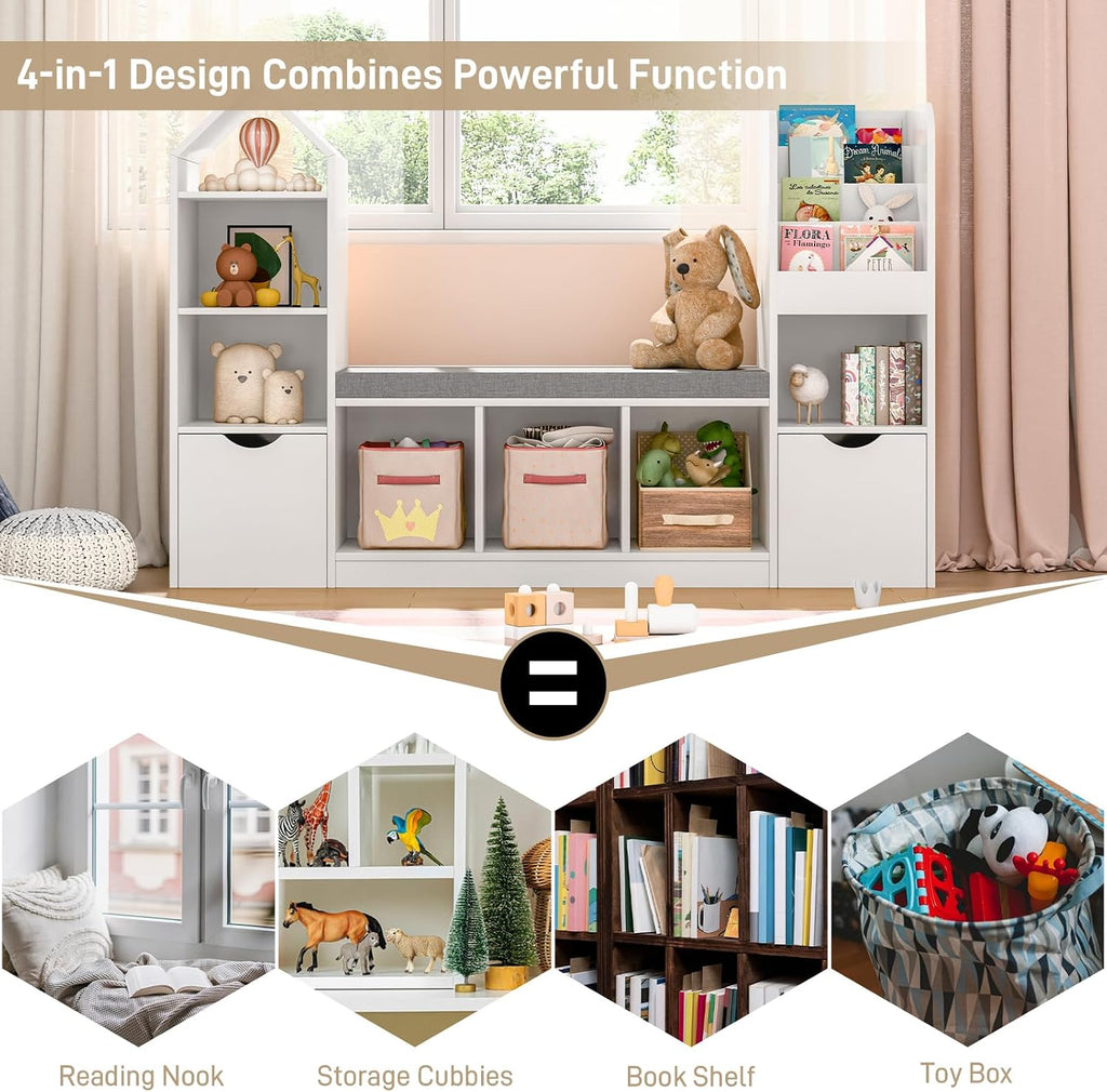 Befrases 55.12''Kids Bookshelf with Reading Nook, Toy Storage Organizer with Seat Cushion and 2 Movable Drawers, Kids Bookcase Toy Organizers with 7 Storage Cubbies, for Playroom, Bedroom, White