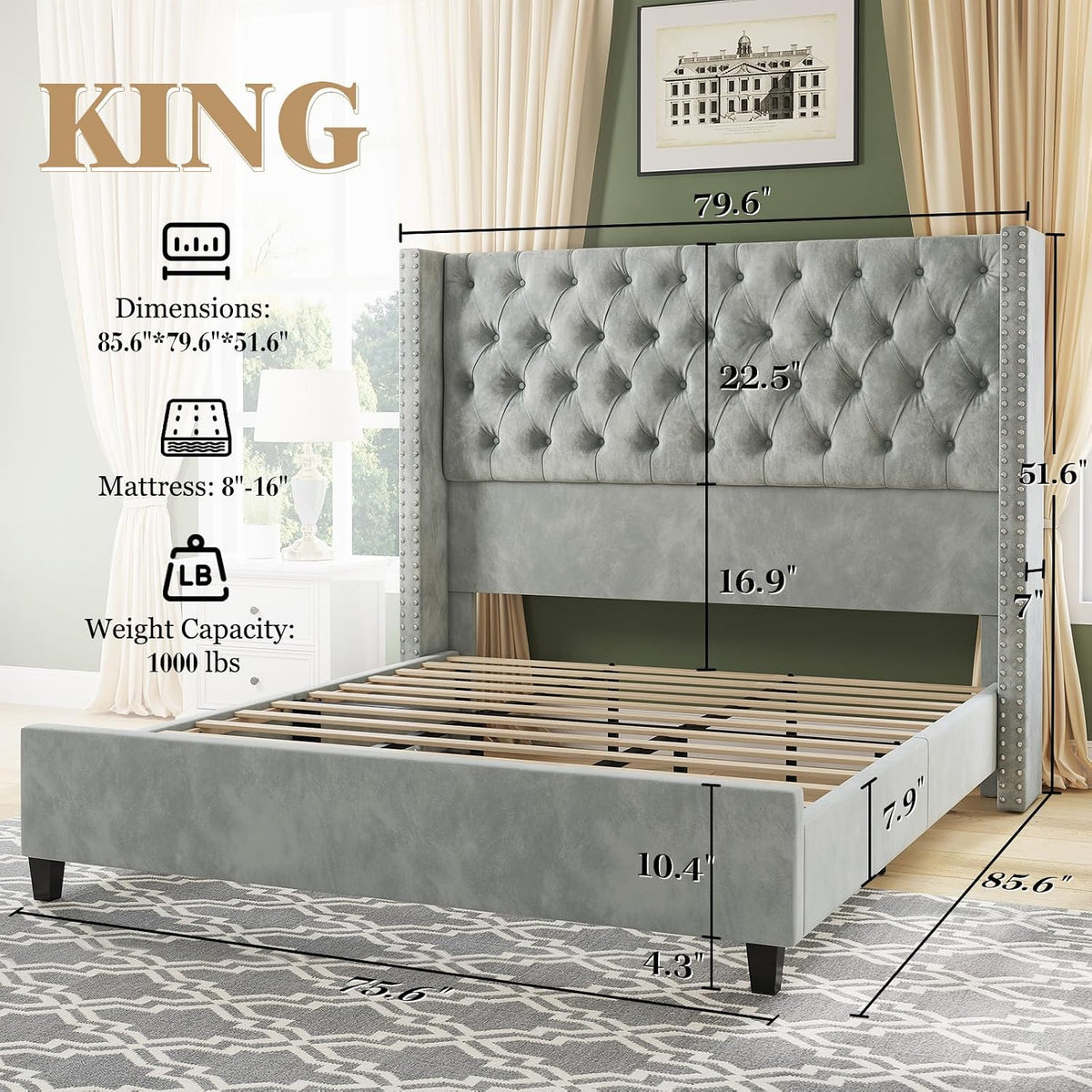 Jocisland King Size Bed Frame with 51.6' Wingback Tufted Velvet Headboard, Modern Upholstered Platform Bed, No Box Spring Needed, Easy Assembly, Light Grey