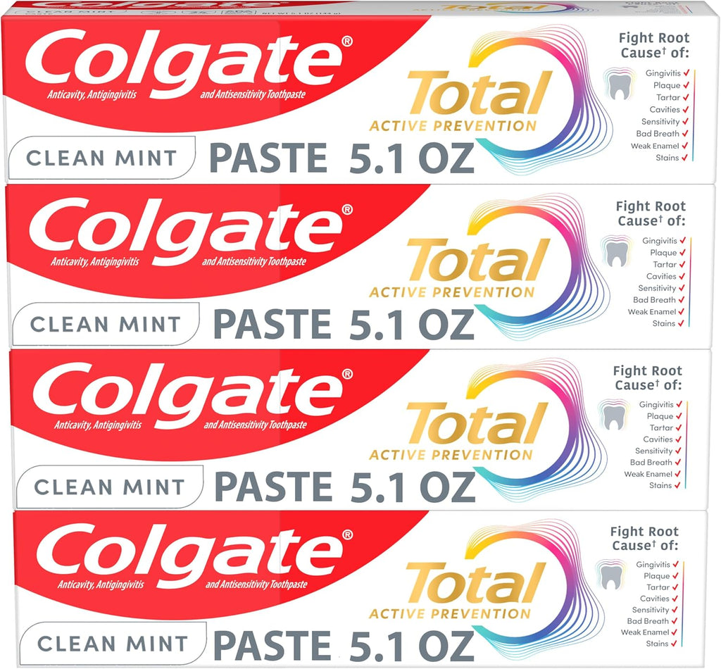 Colgate Total Active Prevention Clean Mint Toothpaste, Anticavity Fluoride Toothpaste, Clinically Proven Formula that Fights Plaque Bacteria, Mint, 24 Pack, 5.1 oz
