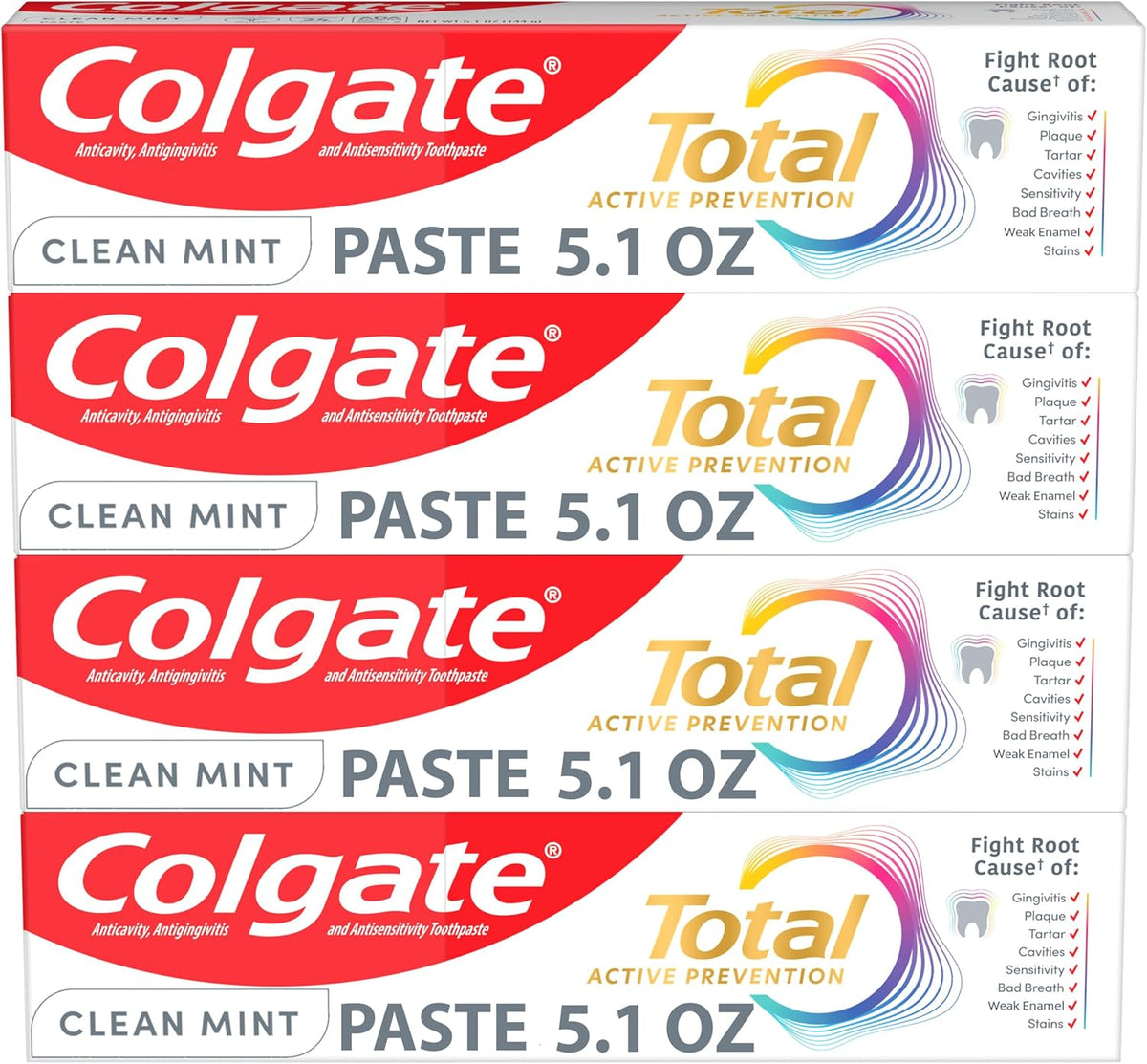 Colgate Total Active Prevention Clean Mint Toothpaste, Anticavity Fluoride Toothpaste, Clinically Proven Formula that Fights Plaque Bacteria, Mint, 24 Pack, 5.1 oz
