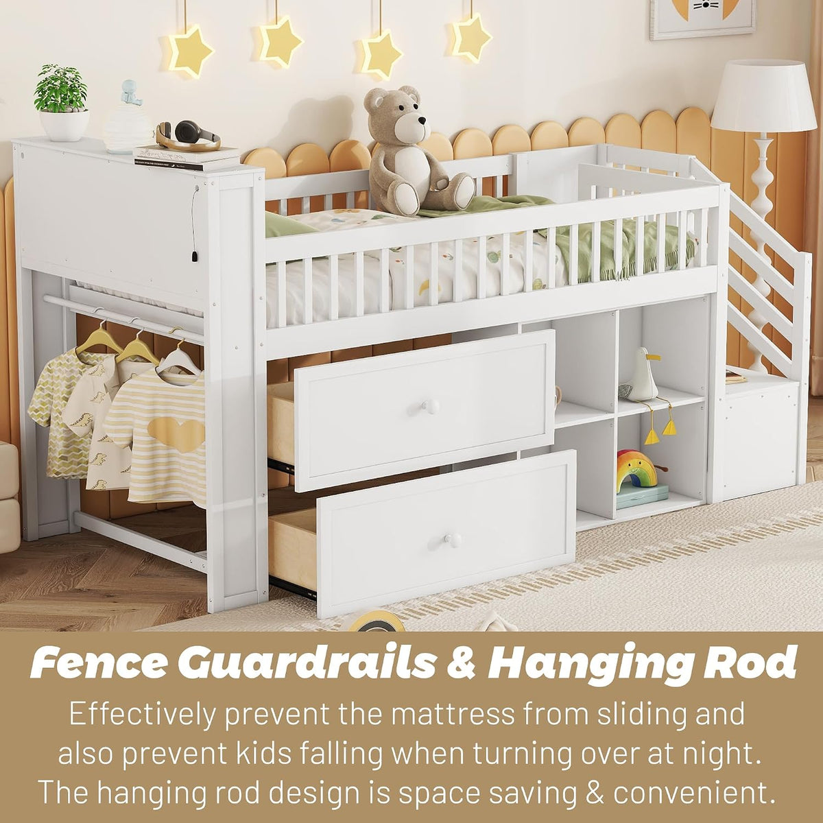 Low Loft Bed with LED Lights and Bookshelf, Wooden Kids Loft Bed with Stairs and Safety Guardrail, Low Loft Bed Twin with 2 Storage Drawers and Shelves for Girls Boys ,No Box Spring Needed, White