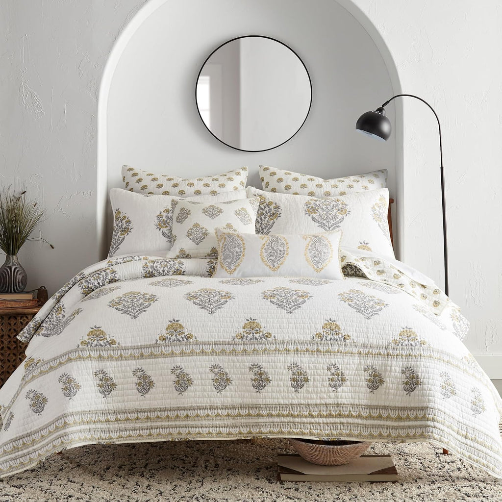 Levtex Home - Kamira Ochre Quilt Set - Full/Queen Quilt and Two Standard Shams - Bordered Floral - Ochre, Grey and Cream - Quilt (88x92in.) and Shams (20x26in.) - Reversible - Cotton