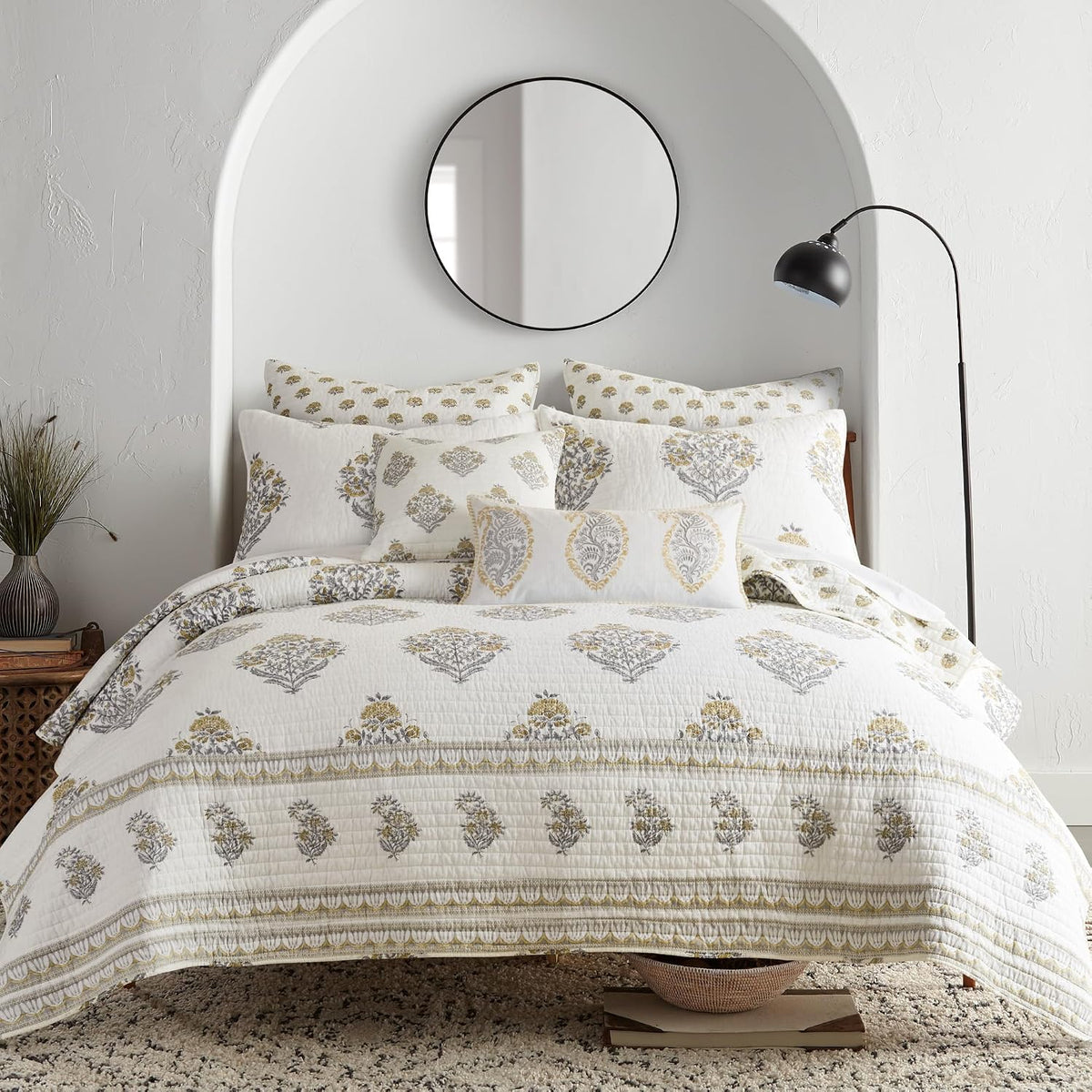 Levtex Home - Kamira Ochre Quilt Set - Full/Queen Quilt and Two Standard Shams - Bordered Floral - Ochre, Grey and Cream - Quilt (88x92in.) and Shams (20x26in.) - Reversible - Cotton