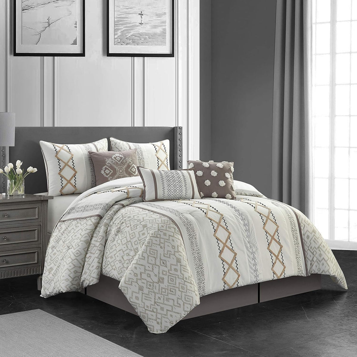 Grand Avenue Taupe Comforter Set California King Size, 15 Piece Terry Embroidery All Season Room-in-A-Bag, Matching Curtains, Sheet Set, Pillows & Shams