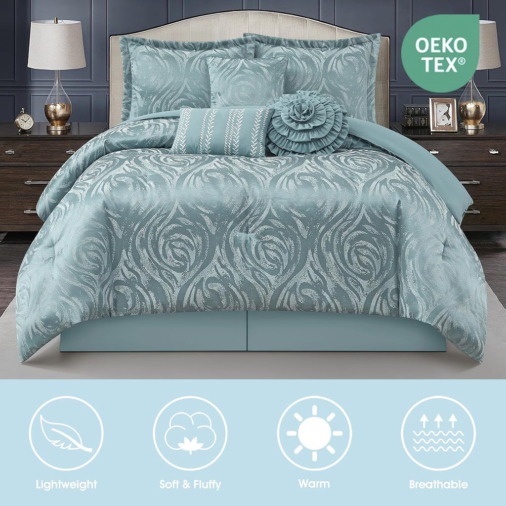 LANCO MODERN LIFESTYLE Blue 7 Piece Comforter Set, Queen, Elegant Floral Jacquard, Ultra Soft Bed Set for All Seasons, Bed in a Bag, Include Comforter, Bed Skirt, Pillow Shams & Decor Pillows