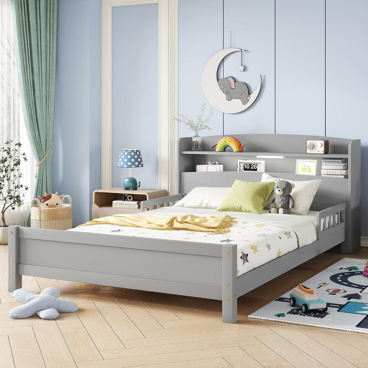 Full Size Kids Bed, Wood Kids Bed with Storage Bookcase & Headboard, Beds Frames with Rails & LED Motion Sensor Light, for Boys and Girls, Grey